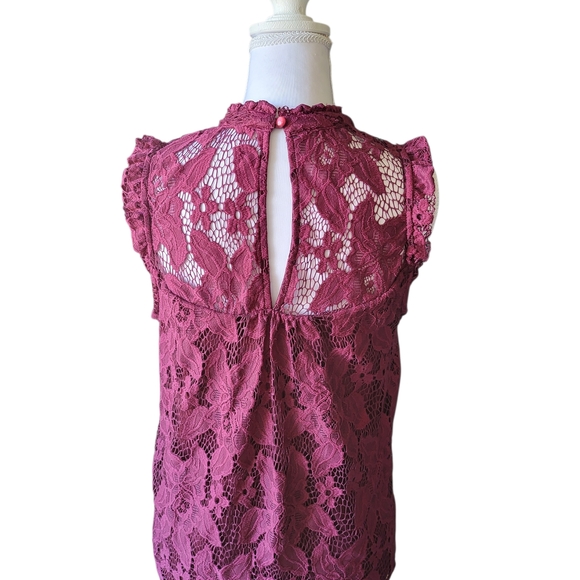 Lily White Burgundy Lace Sleeveless Blouse Sheer Floral Crochet Blouse Top - Picture 2 of 3